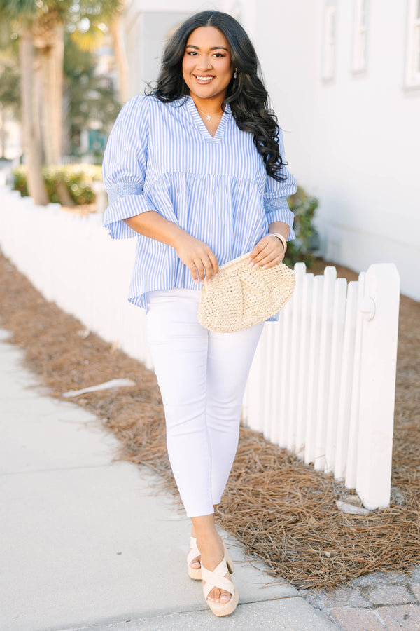 Chic Soul plus size clothing, blue and white vertical pin stripe midi sleeve top with v-neckline and empire waistline