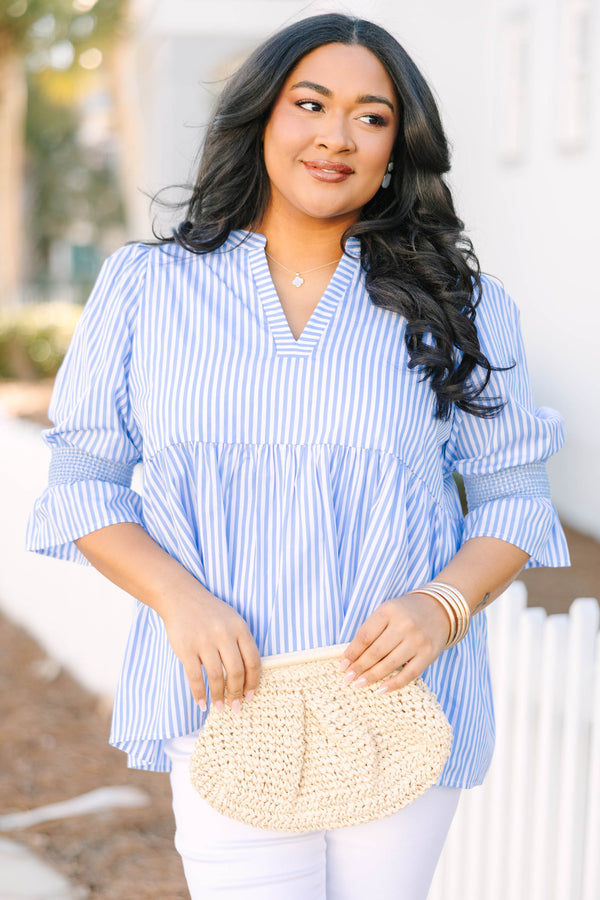 Chic Soul plus size clothing, blue and white vertical pin stripe midi sleeve top with v-neckline and empire waistline