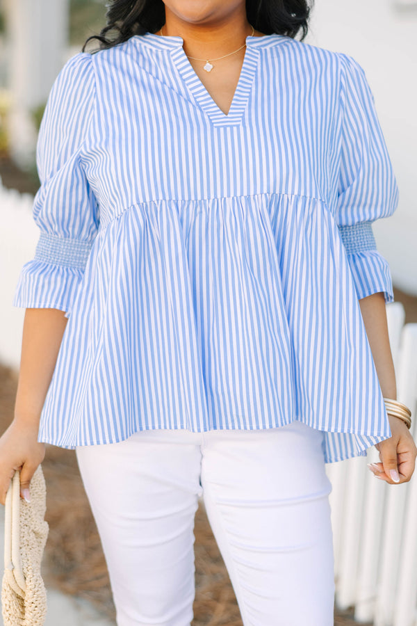 Chic Soul plus size clothing, blue and white vertical pin stripe midi sleeve top with v-neckline and empire waistline