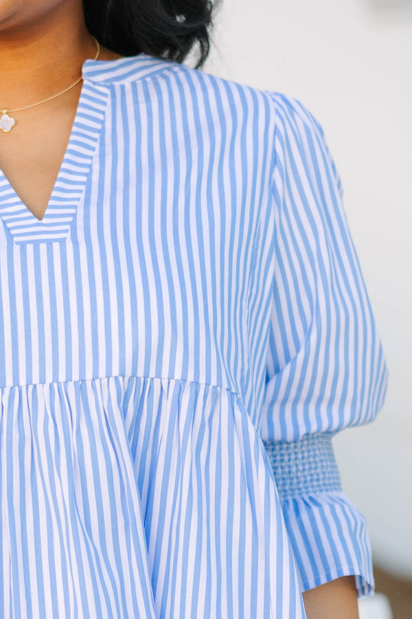 Chic Soul plus size clothing, blue and white vertical pin stripe midi sleeve top with v-neckline and empire waistline