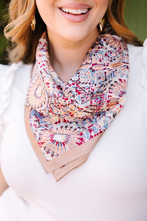 Chic Soul plus size clothing, beige scarf with a multi color abstract circle pattern throughout and a beige boarded 