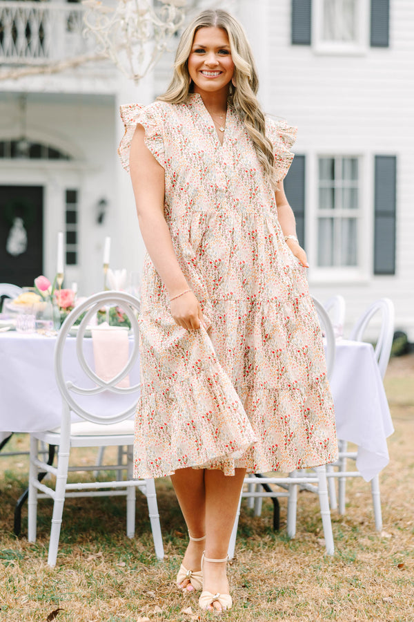 Chic Soul plus size clothing, cream and pink multi colored floral print short flutter sleeve tiered midi dress with v neck cutout