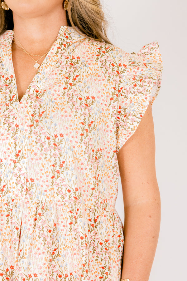 Chic Soul plus size clothing, cream and pink multi colored floral print short flutter sleeve tiered midi dress with v neck cutout