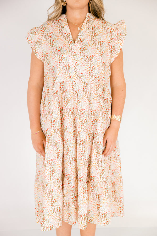 Chic Soul plus size clothing, cream and pink multi colored floral print short flutter sleeve tiered midi dress with v neck cutout