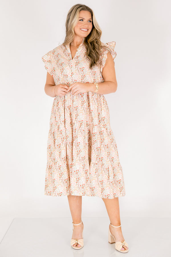 Chic Soul plus size clothing, cream and pink multi colored floral print short flutter sleeve tiered midi dress with v neck cutout
