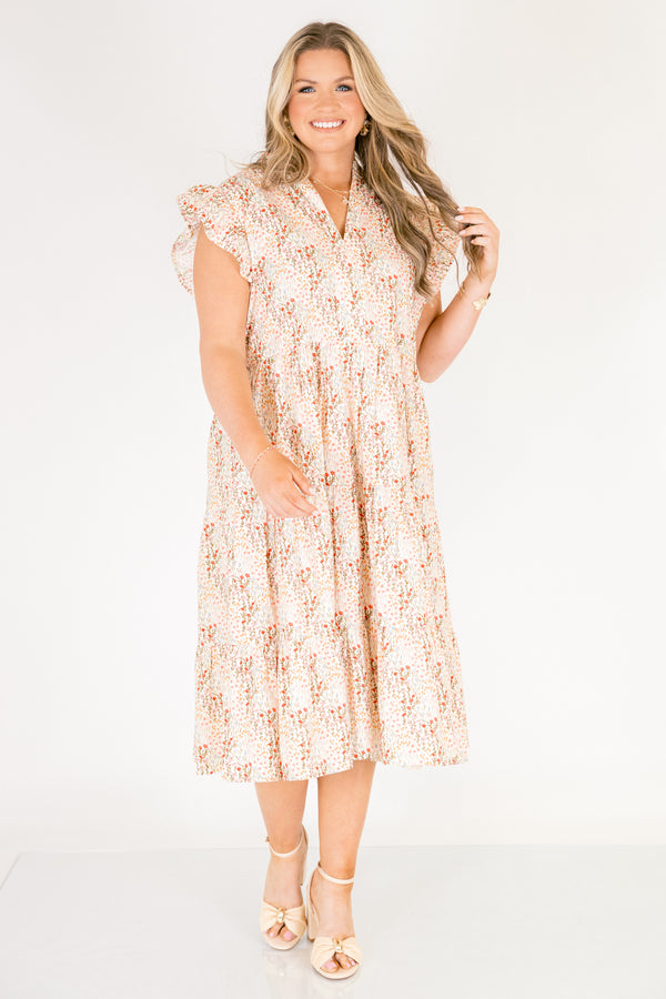 Chic Soul plus size clothing, cream and pink multi colored floral print short flutter sleeve tiered midi dress with v neck cutout