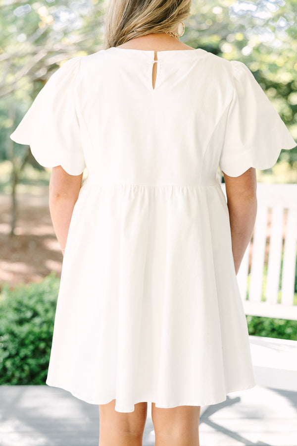 Chic Soul plus size clothing, white bell sleeve baby doll dress with scalloped trim sleeves