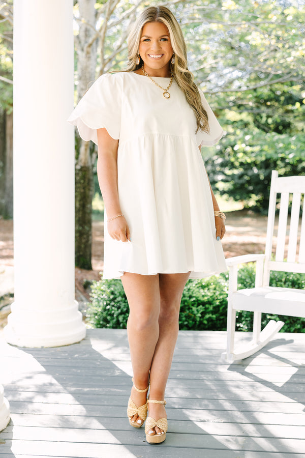 Chic Soul plus size clothing, white bell sleeve baby doll dress with scalloped trim sleeves