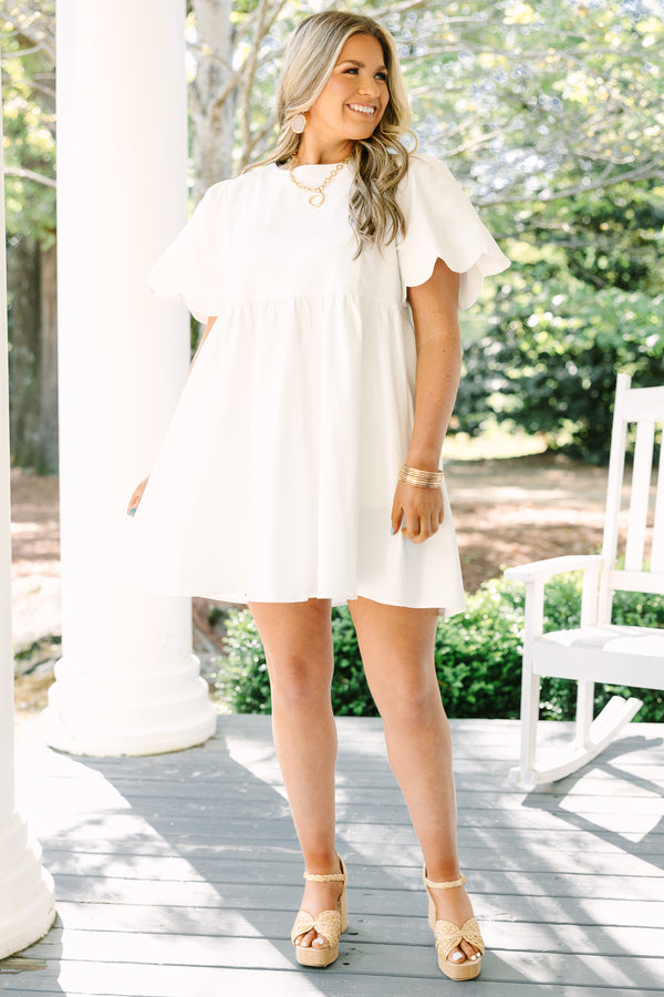 Chic Soul plus size clothing, white bell sleeve baby doll dress with scalloped trim sleeves