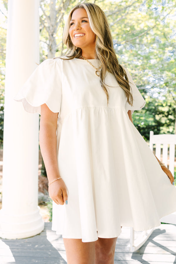 Chic Soul plus size clothing, white bell sleeve baby doll dress with scalloped trim sleeves