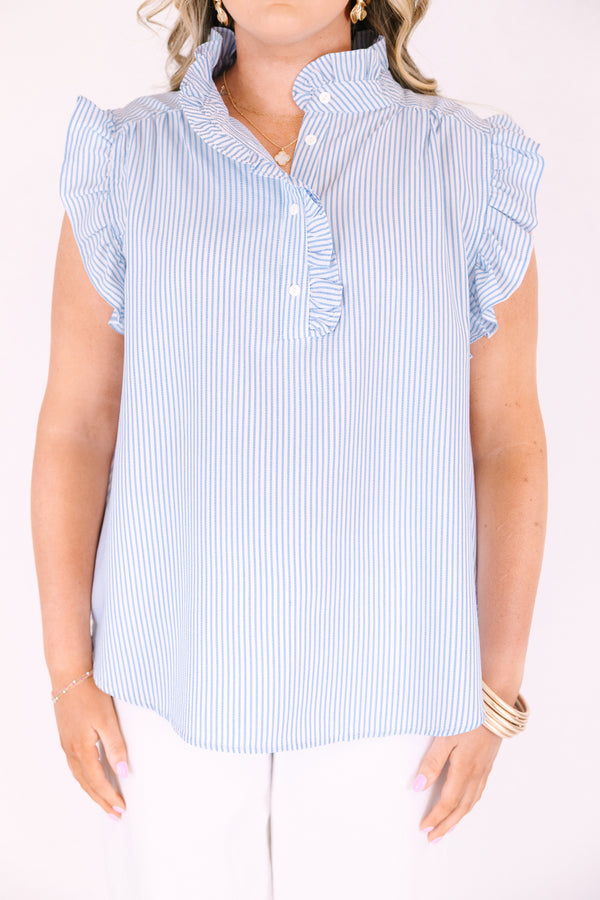 Chic Soul plus size clothing, light blue and white pin stripe ruffle cap sleeve top with 3 button neckline and ruffle detailing on the neckline
