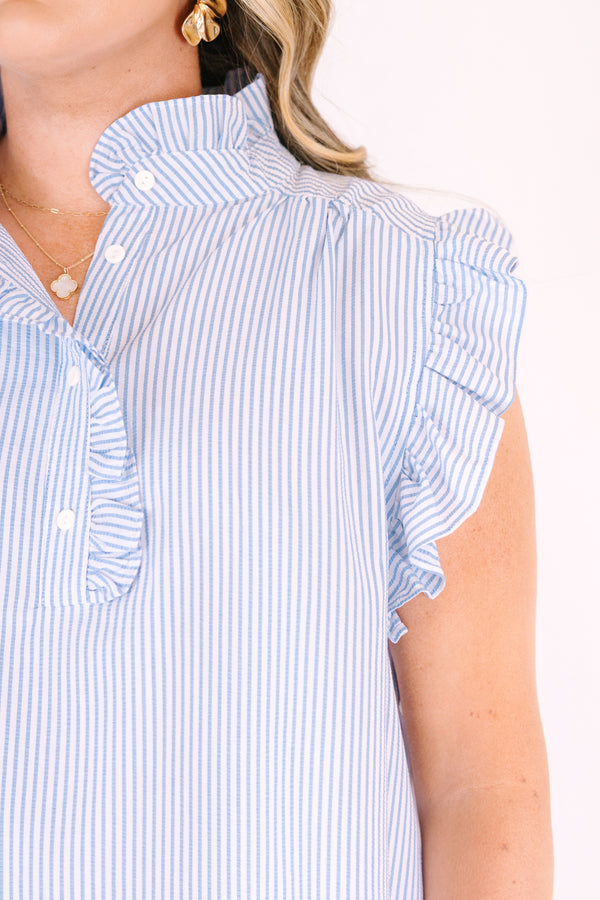 Chic Soul plus size clothing, light blue and white pin stripe ruffle cap sleeve top with 3 button neckline and ruffle detailing on the neckline
