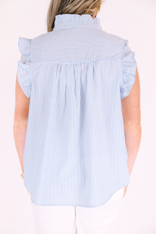 Chic Soul plus size clothing, light blue and white pin stripe ruffle cap sleeve top with 3 button neckline and ruffle detailing on the neckline
