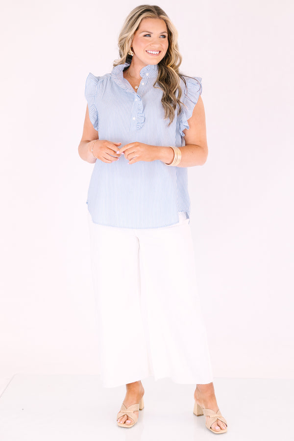 Chic Soul plus size clothing, light blue and white pin stripe ruffle cap sleeve top with 3 button neckline and ruffle detailing on the neckline
