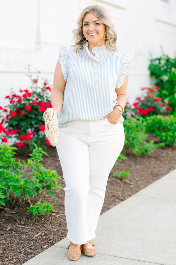 Light green and white pin stripe ruffle cap sleeve top with 3 button neckline and ruffle detailing on the neckline