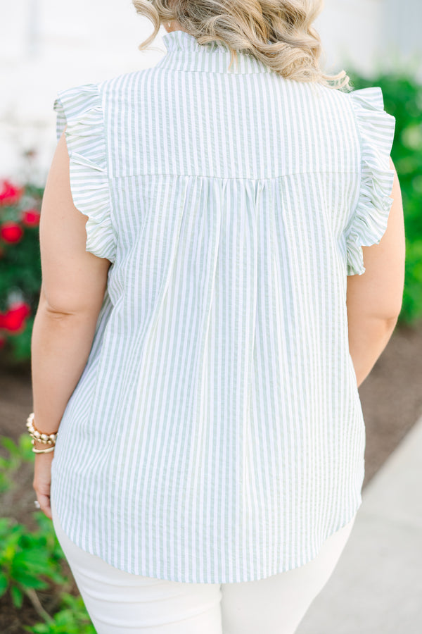 Light green and white pin stripe ruffle cap sleeve top with 3 button neckline and ruffle detailing on the neckline