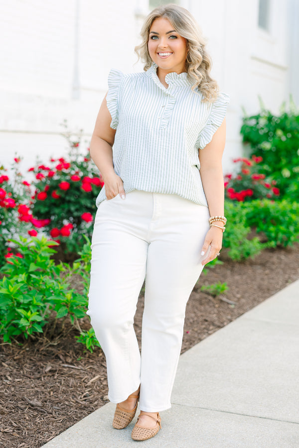 Light green and white pin stripe ruffle cap sleeve top with 3 button neckline and ruffle detailing on the neckline