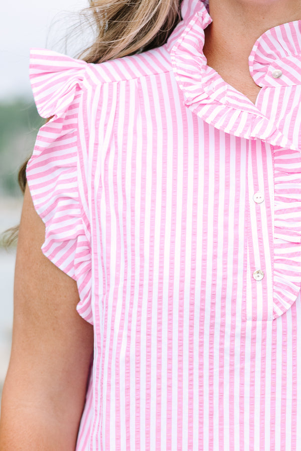 Chic soul plus size clothing, Pink and white vertical striped top with a ruffled collar, button placket, and flutter sleeves.