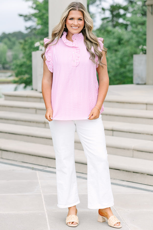 Chic soul plus size clothing, Pink and white vertical striped top with a ruffled collar, button placket, and flutter sleeves.