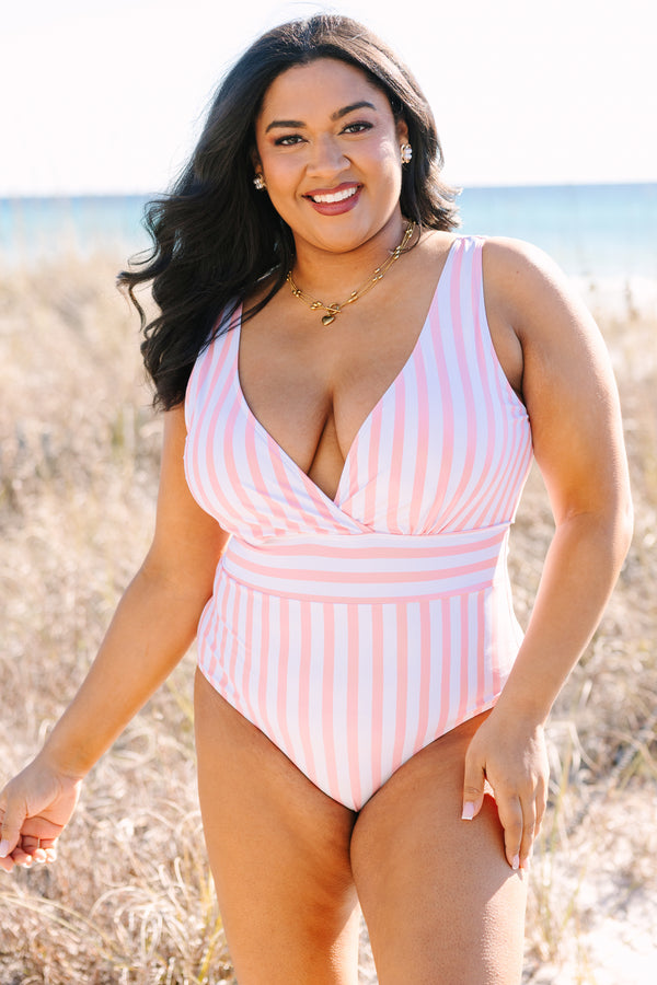 Chic Soul plus size clothing, pink striped one piece swimsuit with a deep v-neckline and a waistband under the bust 