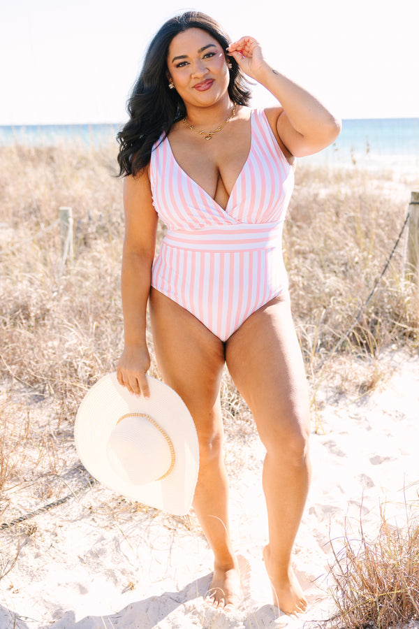 Chic Soul plus size clothing, pink striped one piece swimsuit with a deep v-neckline and a waistband under the bust 