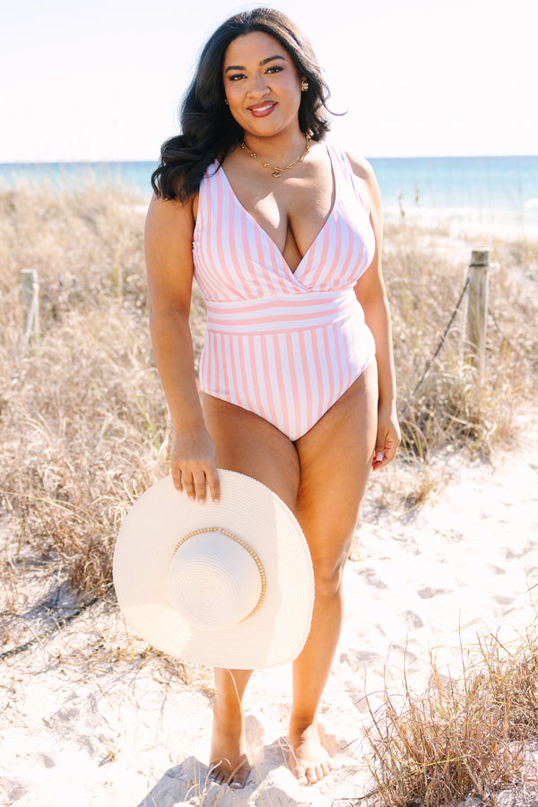 Chic Soul plus size clothing, pink striped one piece swimsuit with a deep v-neckline and a waistband under the bust 