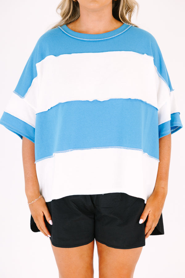 Chic Soul Plus Size Clothing, short sleeve relaxed fit scoop neck top with thick blue and white patchwork stripes