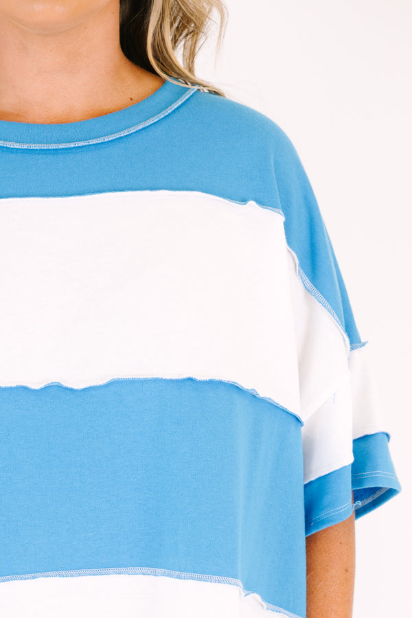 Chic Soul Plus Size Clothing, short sleeve relaxed fit scoop neck top with thick blue and white patchwork stripes