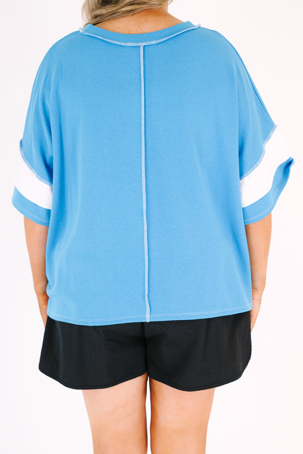 Chic Soul Plus Size Clothing, short sleeve relaxed fit scoop neck top with thick blue and white patchwork stripes