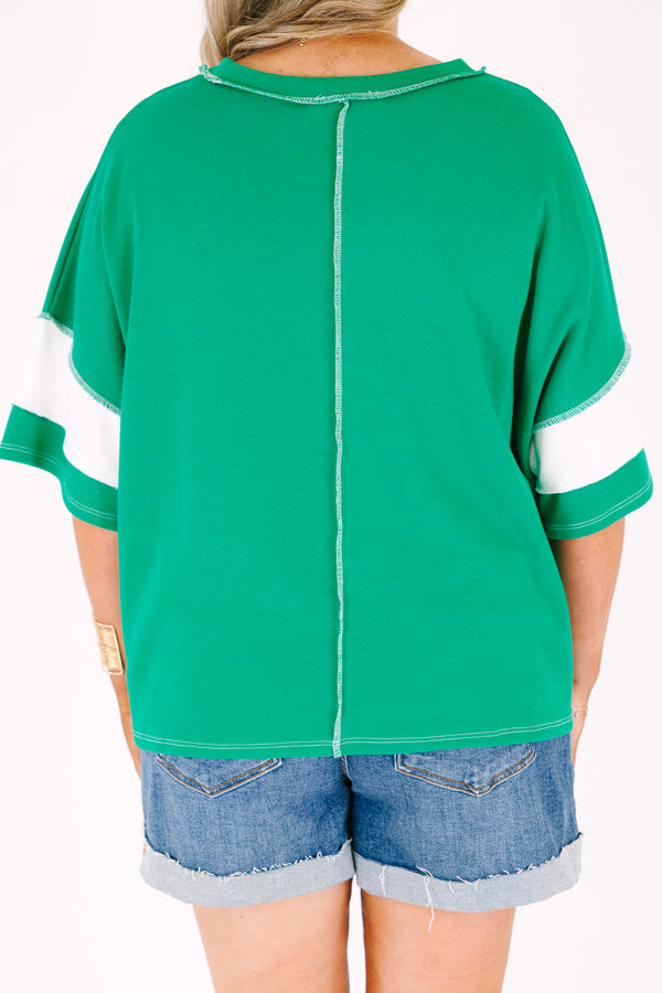 Chic Soul Plus Size Clothing, short sleeve relaxed fit scoop neck top with thick green and white patchwork stripes