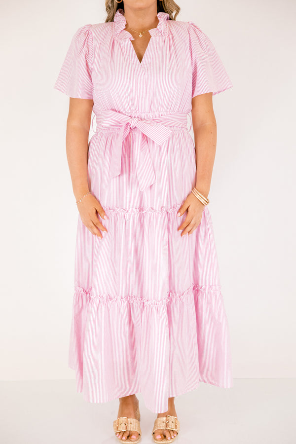 Chic Soul plus size clothing, short-sleeve pink and white striped ruffled tiered baby doll maxi dress with a tie on the waist 
