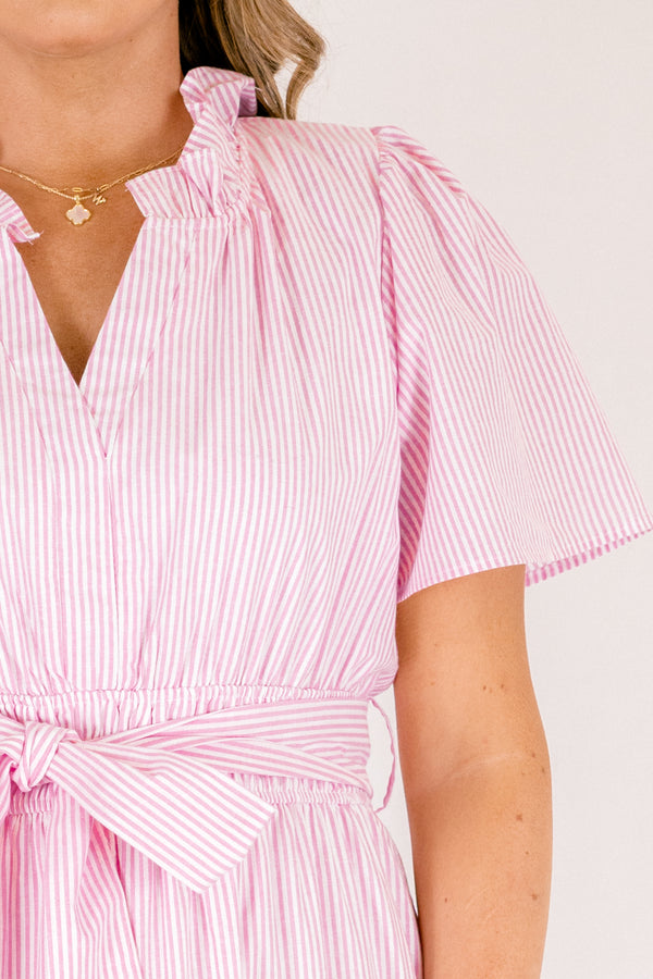 Chic Soul plus size clothing, short-sleeve pink and white striped ruffled tiered baby doll maxi dress with a tie on the waist 