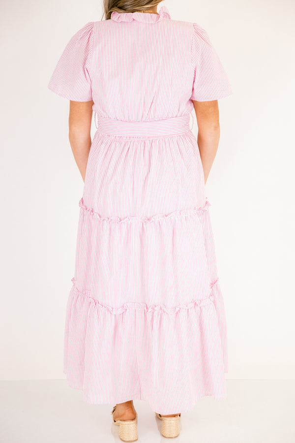 Chic Soul plus size clothing, short-sleeve pink and white striped ruffled tiered baby doll maxi dress with a tie on the waist 
