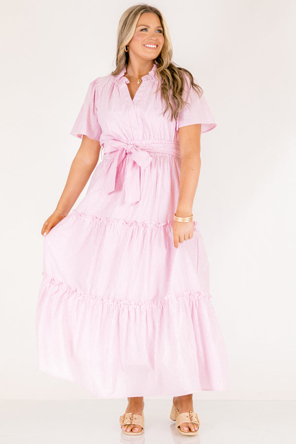 Chic Soul plus size clothing, short-sleeve pink and white striped ruffled tiered baby doll maxi dress with a tie on the waist 
