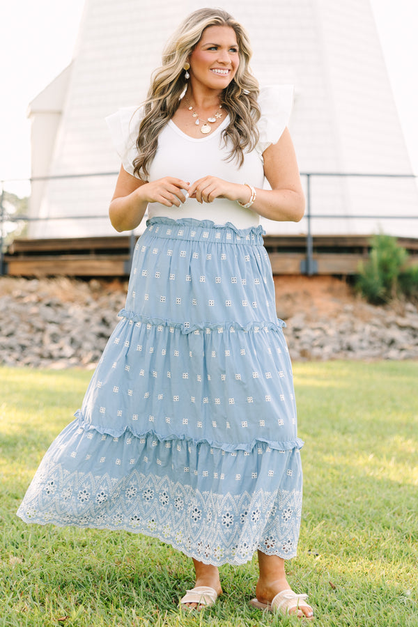 Plus Size light blue tiered midi skirt with white eyelet embroidery and a ruffled waist.