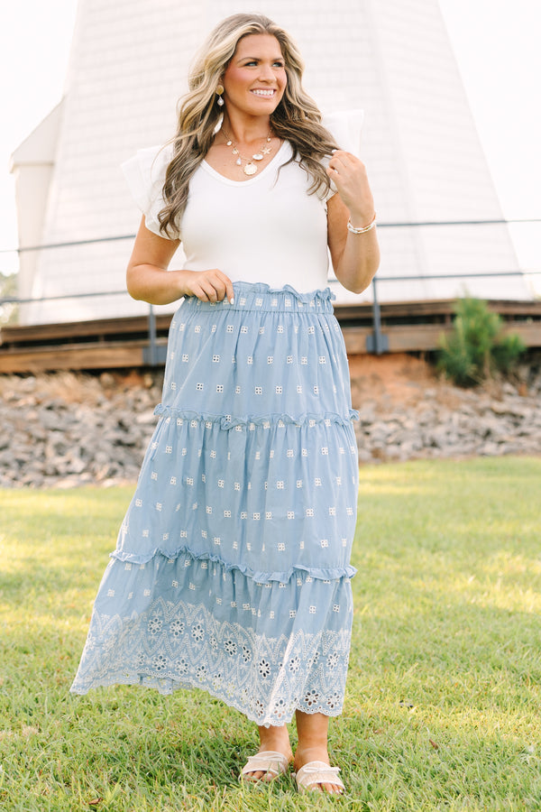 Plus Size light blue tiered midi skirt with white eyelet embroidery and a ruffled waist.