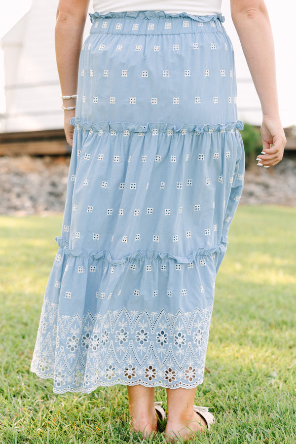 Plus Size light blue tiered midi skirt with white eyelet embroidery and a ruffled waist.