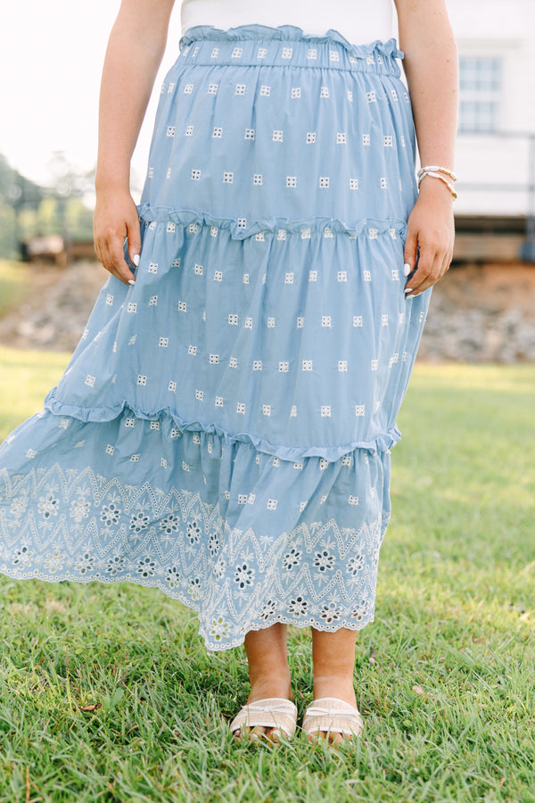 Plus Size light blue tiered midi skirt with white eyelet embroidery and a ruffled waist.