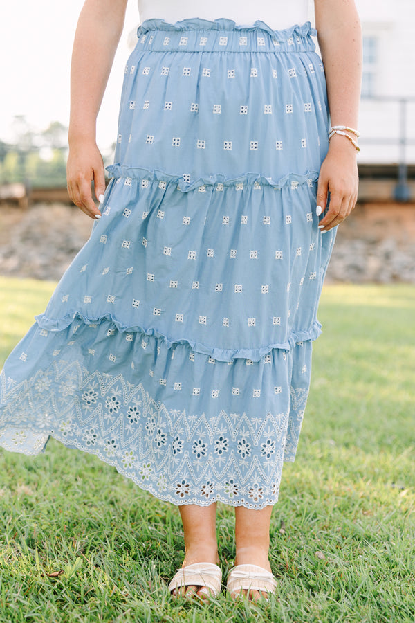 Plus Size light blue tiered midi skirt with white eyelet embroidery and a ruffled waist.