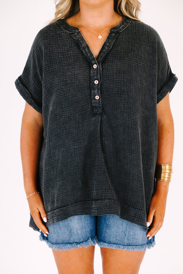 Chic Soul plus size clothing, short sleeve quarter button down top with rolled sleeves and a black acid wash gauze fabric