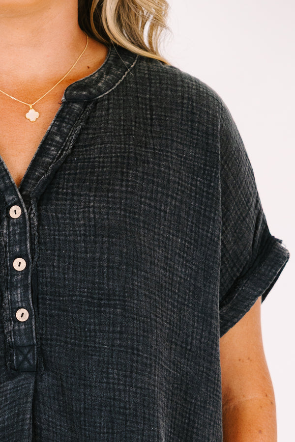 Chic Soul plus size clothing, short sleeve quarter button down top with rolled sleeves and a black acid wash gauze fabric