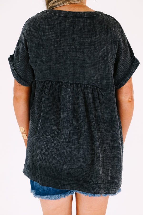Chic Soul plus size clothing, short sleeve quarter button down top with rolled sleeves and a black acid wash gauze fabric