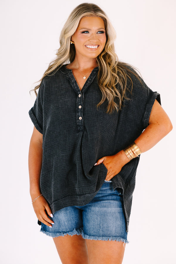 Chic Soul plus size clothing, short sleeve quarter button down top with rolled sleeves and a black acid wash gauze fabric