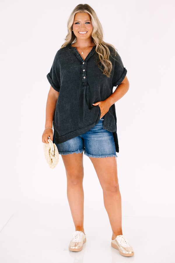 Chic Soul plus size clothing, short sleeve quarter button down top with rolled sleeves and a black acid wash gauze fabric