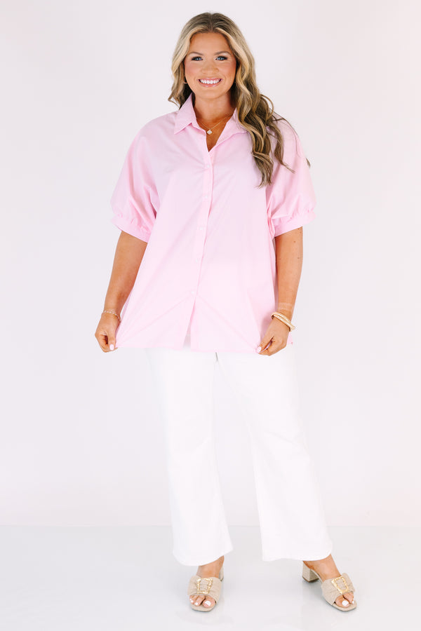 Chic Soul plus size clothing, pink short sleeves button up top with short sleeves that have cuffs at the bottom of each sleeve and a collar 