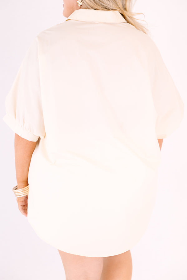 Chic Soul plus size clothing, tan button-up top with short sleeves that have cuffs on each end of the sleeves as well as a collar detail 
