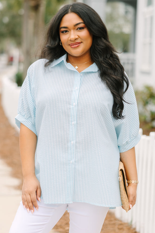 Chic Soul plus size clothing, light blue and white pin stripe button up collared top