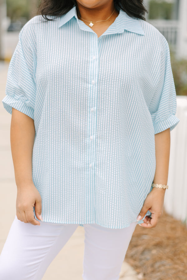 Chic Soul plus size clothing, light blue and white pin stripe button up collared top