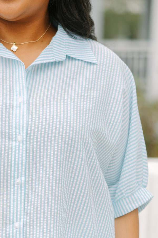 Chic Soul plus size clothing, light blue and white pin stripe button up collared top