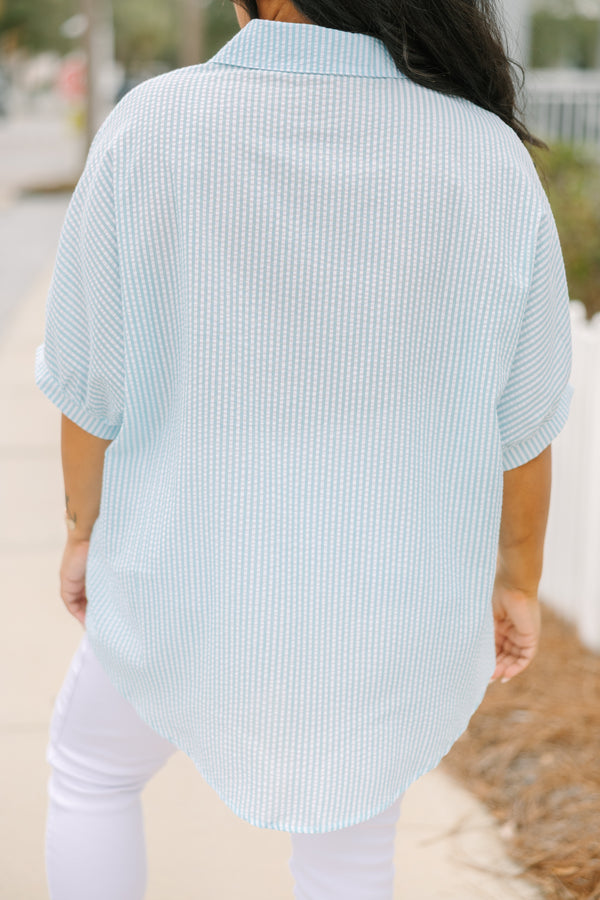 Chic Soul plus size clothing, light blue and white pin stripe button up collared top